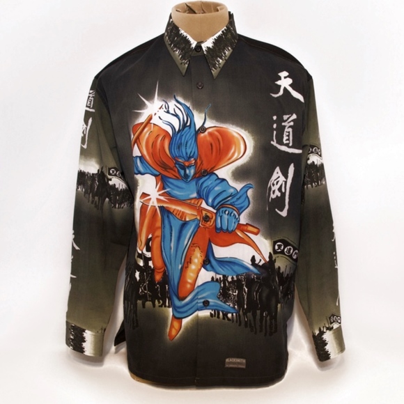 Vintage Japanese Manga Shirt Samurai 90s Button Up - Picture 1 of 8
